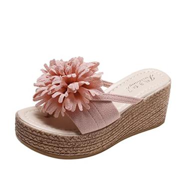Imagem de Sandálias femininas plataforma chinelos sandálias flores salto grosso de primavera e parte inferior de tecido e senhoras (rosa, 38)