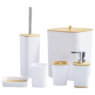 Imagem de Kit Banheiro Lavabo Escova Lixeira 6 Peças / Tampa Bambú