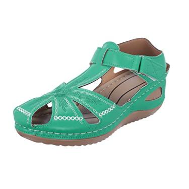 Imagem de Sandálias femininas de salto anabela, multicolorido, bordadas, chinelos, sandálias femininas de verão, Verde, 9.5-10