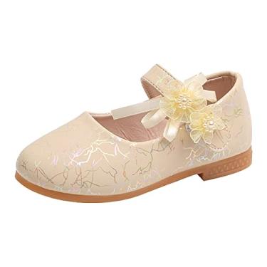 Imagem de Sandálias infantis modernas de verão para meninas, sapatos casuais de fundo plano, leve, com fita de pérola, gancho de flor e balé infantil, Dourado, 10 Toddler