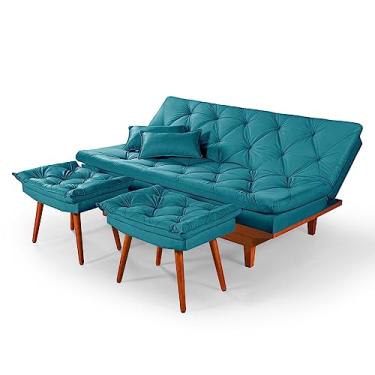 Imagem de Sofá Cama Caribe 3 Lugares Com 2 Banqueta Tecido Suede Cor:Azul-turquesa