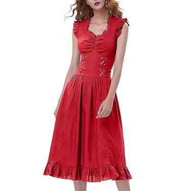 Imagem de Vestido feminino fashion casual plus size cor sólida babados vestido de verão bonito, Vermelho, 3G