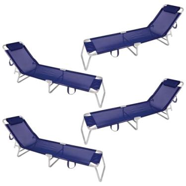 Imagem de Kit 4 Cadeira Espreguiçadeira 4 Posições Alumínio Piscina Praia - Mor - Azul Marinho