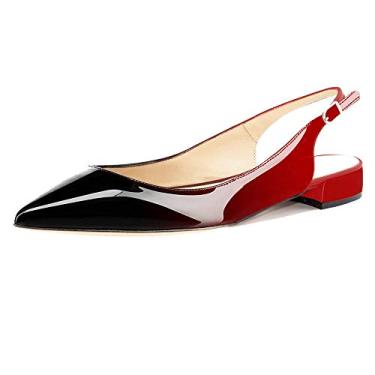 Imagem de Fericzot Sapatos femininos sensuais sandálias de bico fino salto baixo quadrado fivela Drees Flat Shoes Plus Size, Vermelho e preto - patente, 9.5