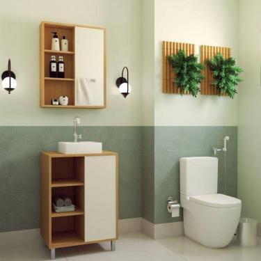 Imagem de Gabinete de Banheiro 60cm Julia com Balcão 1 Porta Correr e Espelheira com Cuba Branca Mel/Arenas