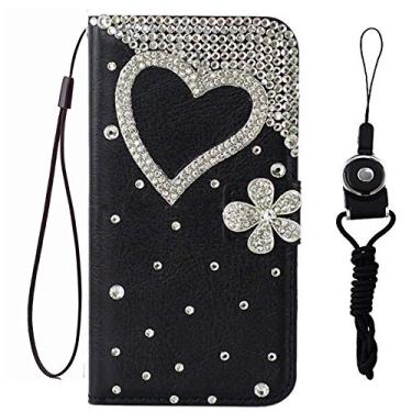 Imagem de HFICY Capa de telefone brilhante com 2 pacotes de protetor de tela de vidro e cordão, capa de telefone carteira feminina com suporte de couro brilhante (flor de coração de amor, para Samsung Galaxy A3