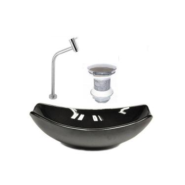 Imagem de Kit Cuba de Vidro + Torneira para Lavatório Oval Chanfrada 46cm Preto