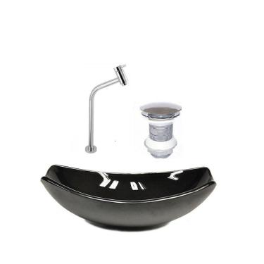 Imagem de Kit Cuba de Vidro + Torneira para Lavatório Oval Chanfrada 36cm Preto