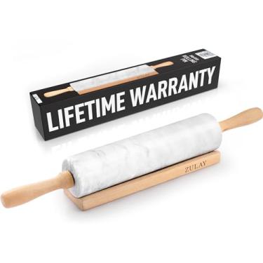 Imagem de Zulay Kitchen Rolo de massa de mármore de 43 cm com suporte - Rolo de massa de mármore polido para assar com cabo longo de madeira de faia - Rolo antiaderente para assar, pão e pizza