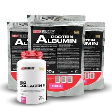 Imagem de Kit 3x Albumin Protein 500g + Colágeno Hidrolisado Bio Collagen 200g - BODYBUILDERS (Morango)