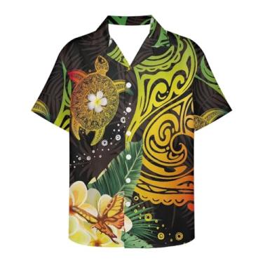 Imagem de Gzzxiailg Camiseta masculina de manga curta Havaí, modelagem regular, gola V, tropical, praia, camiseta de botão para férias na praia, Tartaruga polinésia, XXG