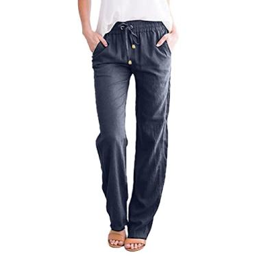 Imagem de Elogoog Calça feminina casual solta de perna larga, calça social moderna de cintura alta, calça casual de outono com bolso, 6a1-azul-marinho, M
