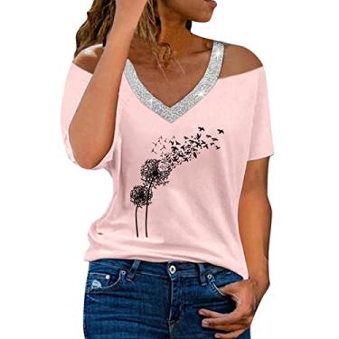 Imagem de Blusas femininas com ombros de fora para treino, plus size, manga curta, blusas elegantes de verão, blusas de algodão, frente única, túnica básica, rosa, 3G