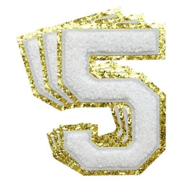 Imagem de 3 Pçs Remendos de Número de Chenille Remendos Dourados Glitter Ferro em Remendos de Letras Varsity Remendos Bordados de Chenille Remendos Costurados para Roupas Chapéu Bolsas Jaquetas Camisa (Ouro, 5)