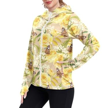 Imagem de JUNZAN Camisas de sol femininas vintage flores FPS 50+ proteção UV camisa de sol com capuz legal moletom esportivo, Flores vintage, G