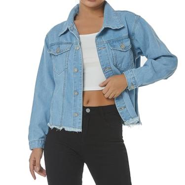Imagem de LONGBIDA Jaqueta jeans feminina abotoada envelhecida cropped jaqueta jeans de manga comprida rasgada, Azul claro, G