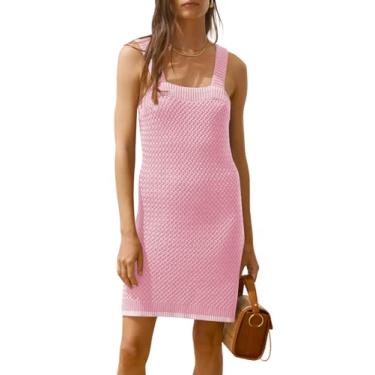 Imagem de Saodimallsu Minivestido feminino de malha colado ao corpo 2024 verão sem mangas gola quadrada suéter vestido curto, rosa, GG