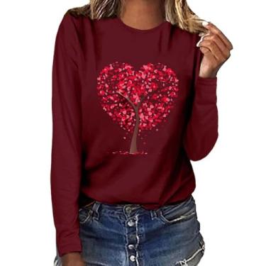 Imagem de Suéter com estampa de coração dos namorados, camiseta feminina Love Pink Stripes Valentine gola redonda pulôver solto manga longa, Vinho, GG