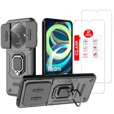 Imagem de Anvzle Capa para Xiaomi Redmi A3 com protetor de tela de vidro temperado, capa militar com suporte magnético, preta, rígida