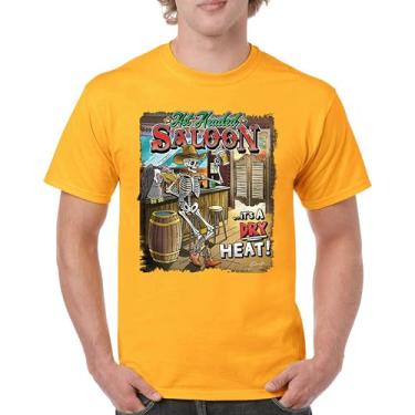 Imagem de Camiseta masculina Hot Headed Saloon But its a Dry Heat Funny Skeleton Biker Beer Drinking Cowboy Skull Southwest, Amarelo, XXG
