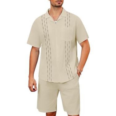Imagem de YALLET Conjunto de camisa masculina de manga curta, 2 peças de linho, casual, abotoado, roupa de praia havaiana para férias de verão, Bege A, G