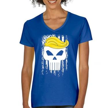 Imagem de Camiseta feminina com gola V bandeira Trump 2024 Make America First Great Again Deplorable Skull My President MAGA Republican FJB, Azul, GG