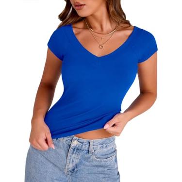 Imagem de VVK Camiseta feminina gola V manga curta slim fit 2024 verão casual malha canelada sexy ombro de fora, Azul royal, G