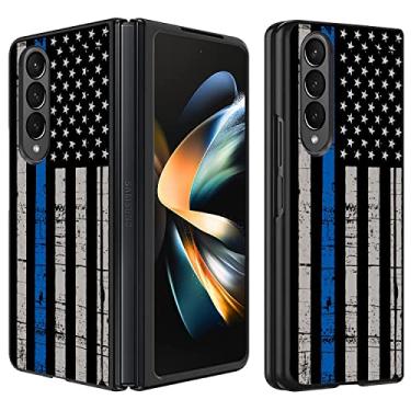 Imagem de BWOOLL Capa para celular Samsung Galaxy Z Fold 4, Slim Fit Hard PC à prova de choque dobrável elegante capa protetora para Samsung Galaxy Z Fold 4 5G 2022, linha azul fina bandeira americana