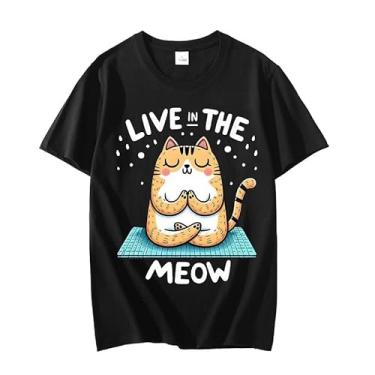 Imagem de Fashion Live in The Meow Camisetas femininas casuais de verão manga curta gola redonda, Preto, G