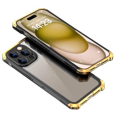 Imagem de YEXIONGYAN Capa para iPhone 15Pro Max/15 Pro/15, proteção de lente de precisão, capa fina de liga de alumínio + capa traseira de vidro temperado transparente, carregamento sem fio, dourado, 15 Pro Max