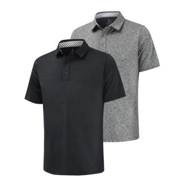 Imagem de Fabugi Camisa polo masculina de golfe com absorção de umidade, secagem rápida, ajuste clássico, botões para homens, Preto/cinza, G