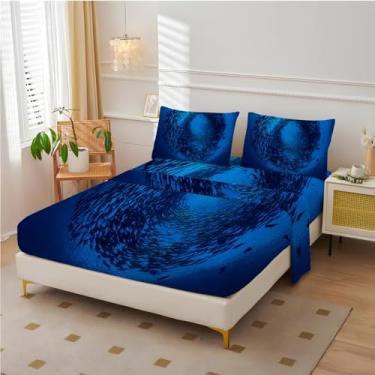 Imagem de Jogo de lençol solteiro GG de peixe - lençóis de cama azul profundo, microfibra macia, bolso profundo e sem vincos 4 peças (lençol com elástico, lençol de cima, fronhas)