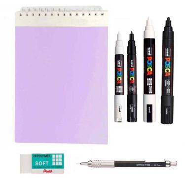 Imagem de Kit desenho profissional lettering sketchbook 100g/m posca