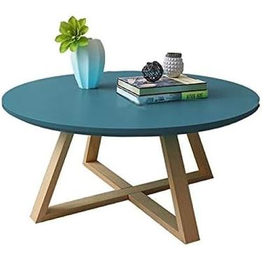 Imagem de Mesa de centro nórdica, mesa redonda de madeira para sala de estar, sofá lateral de hotel, estável, fácil de limpar, mesa baixa, 50cm/60cm, azul, 50 * 50 * 45cm
