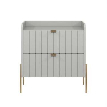 Imagem de mesa de cabeceira com gaveta off white moderna moriah 60cm alto padrão industrial dourado