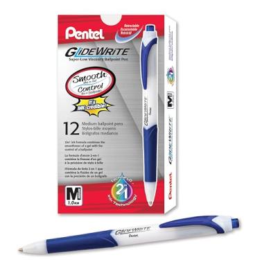 Imagem de Pentel Canetas esferográficas GlideWrite com tinta TechniFLO – Pacote com 12 canetas de tinta azul de 1,0 mm com design de barril retrátil – fácil aderência e escrita suave, ponta de metal, caneta de