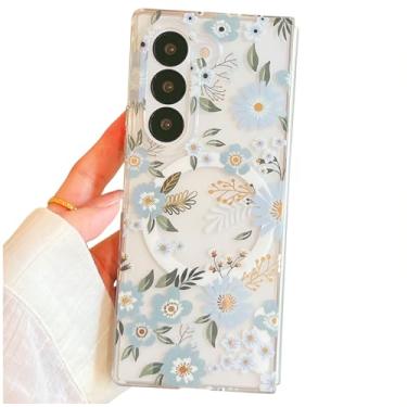 Imagem de YeLoveHaw Capa de telefone transparente magnética para Samsung Galaxy Z Fold 6 para mulheres e meninas, estampa floral fofa com glitter, capa protetora rígida fina para Galaxy Z Fold6 (flores azuis)