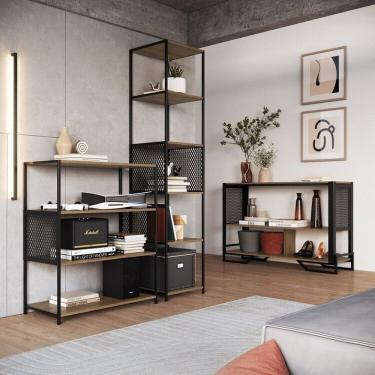 Imagem de Sala de Estar Completa com 3 Itens Estante Media Telada, Aparador Telado e e Estante Média Telada Preto / Mel