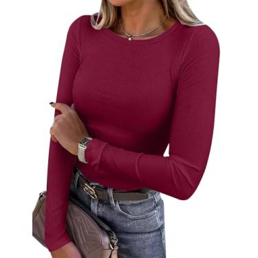 Imagem de ioiohahaun Camiseta feminina de manga comprida elástica gola redonda canelada casual básica, Vermelho escuro, GG