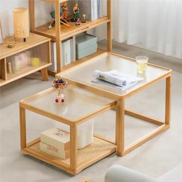 Imagem de Mesa de centro de vidro, mesas de centro pequenas para espaços grandes ou pequenos, mesas de cabeceira de vime, mesa central de 2 camadas com comprimento ajustável, para sala de estar, quarto