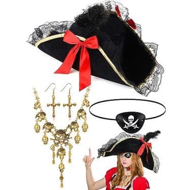 Imagem de Huquary 5 peças de acessórios de fantasia de pirata femininos incluem chapéu de pirata preto, joias de pirata, brincos de pirata, colar de pirata, adesivos de olho de pirata para fantasia feminina