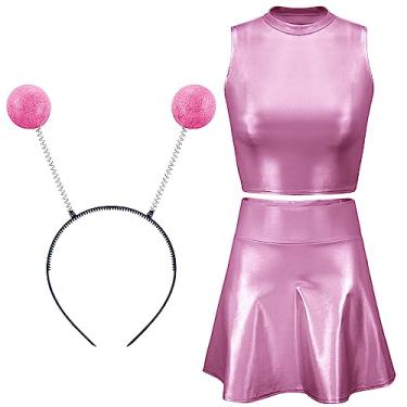 Imagem de SATINIOR Top metálico sem mangas cropped saia plissada com faixa de cabeça para fantasia de alienígena Raves Halloween Cosplay, rosa, P