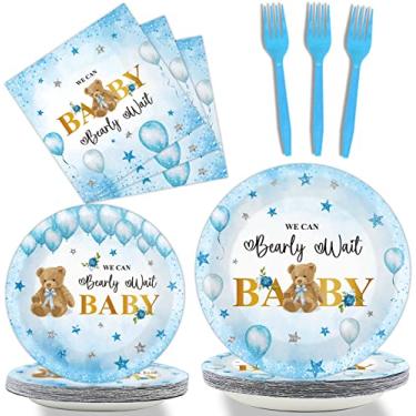 Imagem de Conjunto de 96 peças de urso, decorações de chá de bebê, podemos esperar pratos de sobremesa de urso balão estrela guardanapos de prato de festa para meninos e meninas revelação de gênero chá de bebê