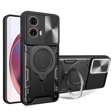 Imagem de Capa para Motorola Moto G85 5G com janela deslizante para câmera, suporte, material TC+TPC, capa de telefone de camada dupla antiarranhões à prova de choque, preta