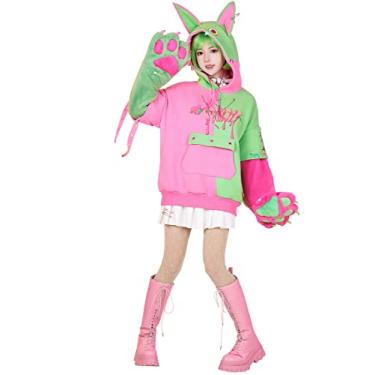 Imagem de Micotaku Womens Pullover Hoodie with Detachable Bag Furry Paw Design Gloves Green Pink Hoodie (pink and green, SM)
