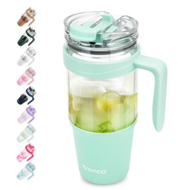 Imagem de Copo de vidro Tronco 1,2 l com canudo e tampa, copo com canudo articulado à prova de vazamentos, com alça, cabe no porta-copos, sem BPA, próprio para lava-louças (verde-claro)