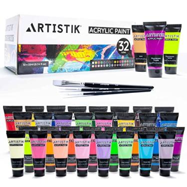Imagem de ARTISTIK Conjunto de tubos de tinta acrílica de 32 a 22 ml com 3 pincéis para adultos, crianças e artistas - Tintas de qualidade de artista não tóxicas para pintura em tela, artesanato em madeira,