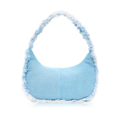 Imagem de QTKJ Bolsa jeans, bolsa de ombro, bolsa azul macia, com borda de franja, bolsas para mulheres, férias, viagem, combinação diária, Azul, One Size
