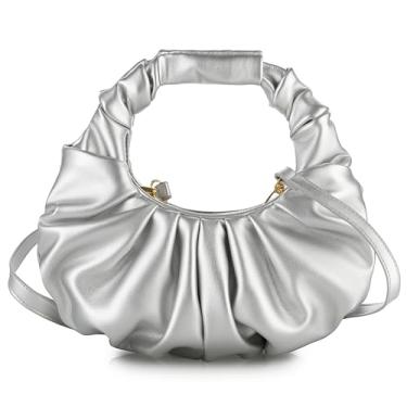 Imagem de JENSVOIR Bolsa clutch feminina – Bolsa de mão plissada de couro PU para noite, formatura, casamento, Pérola, prata