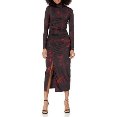 Imagem de HUGO Vestido feminino justo de manga comprida com gola redonda, Rosa vermelha/preto, P